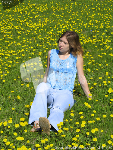 Image of Girl on dandelion lawn
