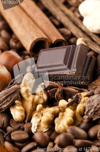 Image of chocolate with coffee beans, spices and nuts