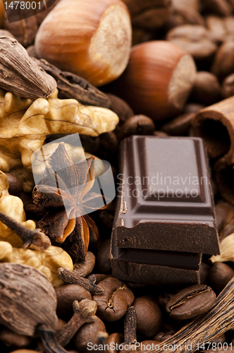 Image of chocolate with coffee beans, spices and nuts