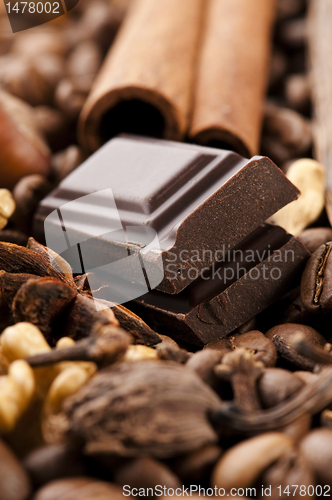 Image of chocolate with coffee beans, spices and nuts