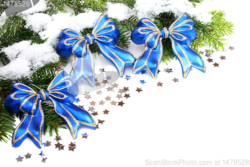 Image of Christmas still life with blue balls.