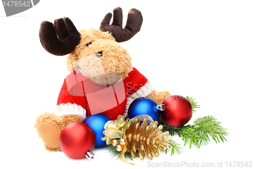 Image of Soft toys and Christmas balls.