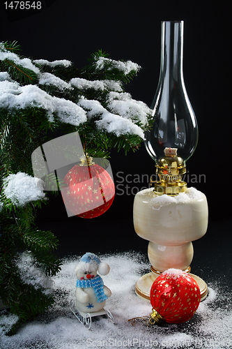 Image of Christmas still life with balls and a lamp