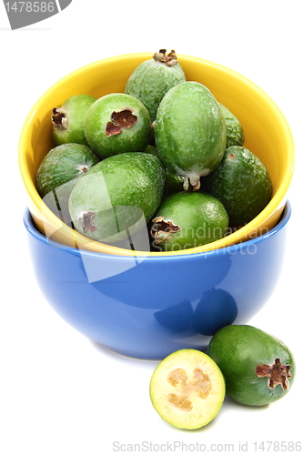 Image of Ripe feijoa fruit in bowl.