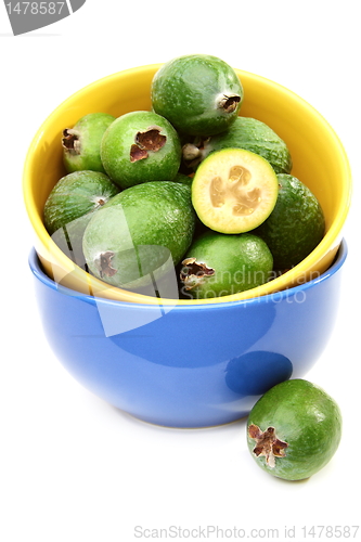 Image of Ripe feijoa fruit in bowl.