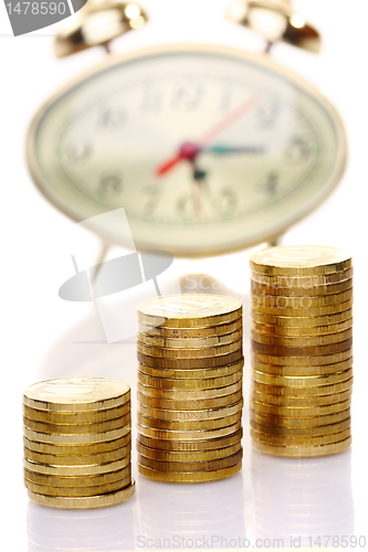 Image of Time is money concept with clock and coins.