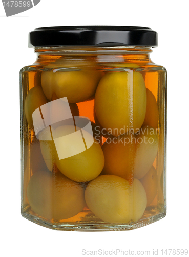 Image of large olives in a glass jar isolated on white background