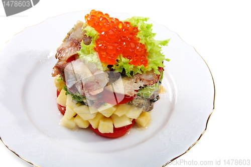 Image of Salad with smoked herring and salmon roe.