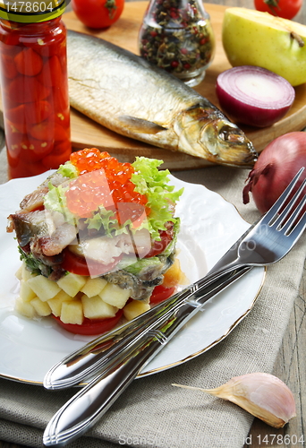Image of Salad with smoked herring and salmon roe.