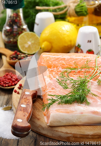 Image of Fresh salmon fillet with herbs and spices.