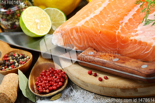 Image of Fresh salmon fillet with herbs and spices.