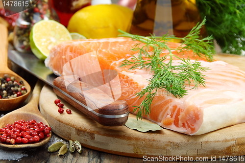 Image of Fresh salmon fillet with herbs and spices.