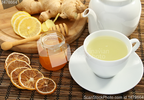 Image of Ginger tea with honey and lemon.