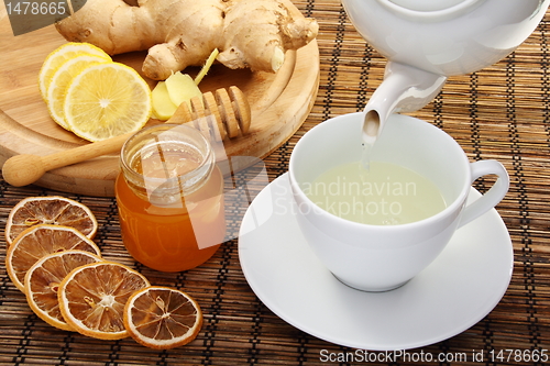 Image of Ginger tea with honey and lemon.