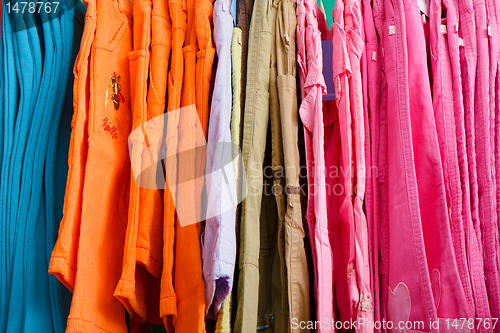 Image of children's trousers on a hanger in the store