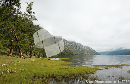 Image of Boat on the bank of mountain lake