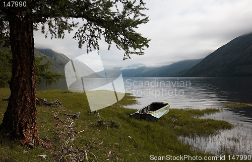 Image of Boat on the bank of mountain lake