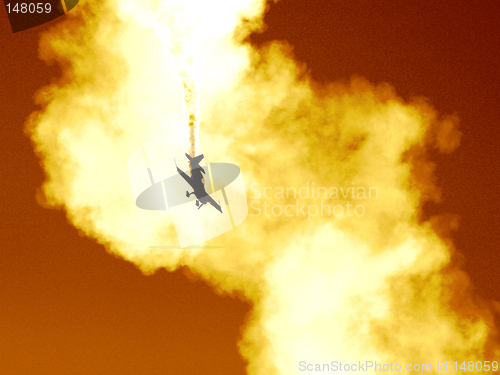 Image of Plane in the cloud of smoke at the European Aerobatic Championship. Highly contrasted and toned, seems like a plane crash