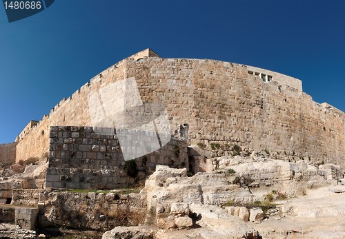 Image of Distorted view of the corner of Jerusalem Old City wall near the Dung gate