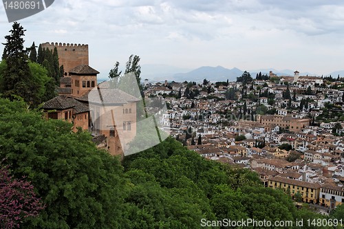 Image of Bastions of Alhambra castle above the town of Granada, Spain