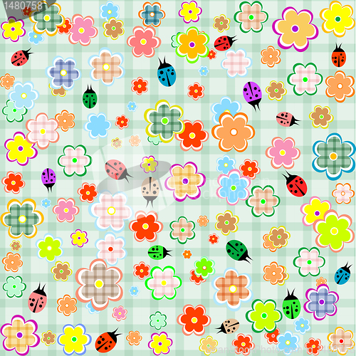 Image of Flowers and ladybugs seamless pattern background