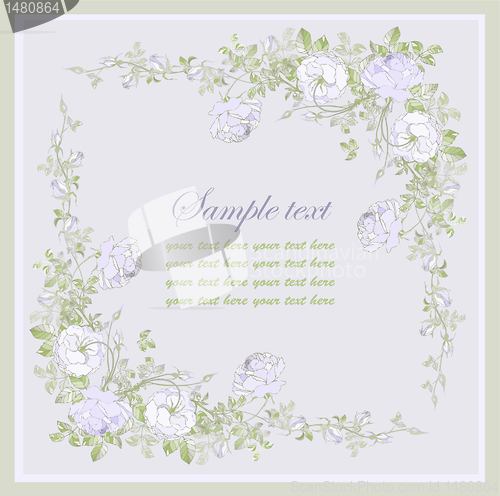 Image of Greeting card with rose. Illustration  roses. Beautiful decorative framework with flowers.