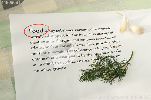 Image of Food. Text on paper