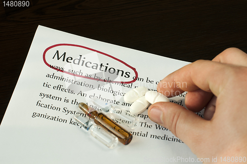 Image of Medication text and Hand holding pill