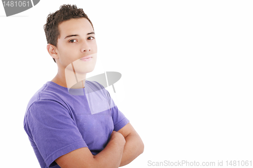 Image of Portrait of a happy teenager standing with folded hands on isola