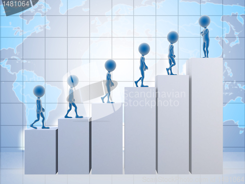 Image of 3D business men climbing a graph with one confident business man