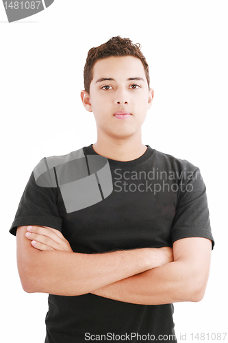 Image of Young man in black shirt with arms crossed isolated on white