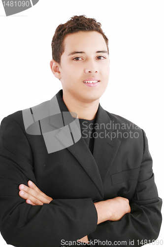 Image of Young smiling latin man looking at camera isolated on white back
