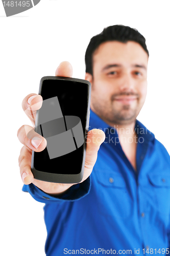 Image of businessman with cellphone, isolated on white, focus on hand