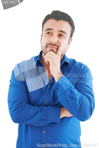 Image of caucasian man thinking pensive looking up studio portrait on iso