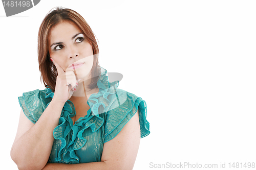 Image of Closeup of an attractive young woman thinking, isolated on white