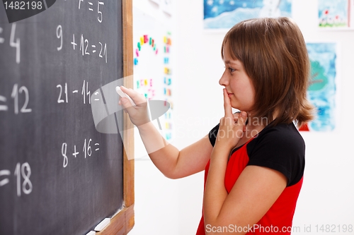 Image of Girl standing in front of chalkboard and thinking