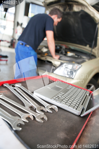 Image of Closeup of a laptop and wrench