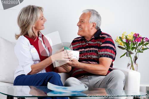 Image of Smiling Senior Man Giving Gift to His Wife