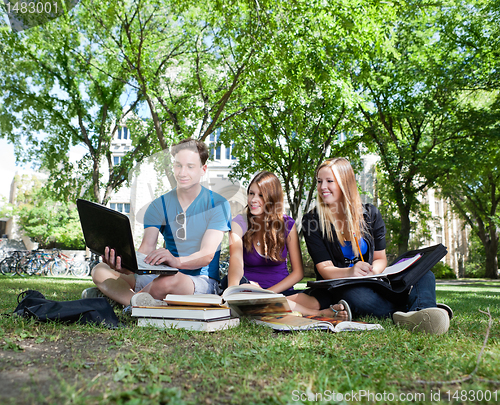 Image of Teenagers studying on campus lawn