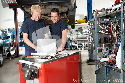 Image of Mechanics with laptop in garage