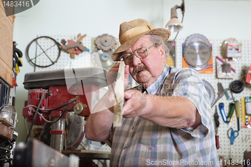 Image of Senior man holding wooden plank