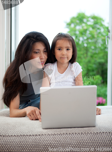 Image of Mother and Daughter Using Computer