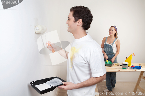 Image of Happy young couple painting