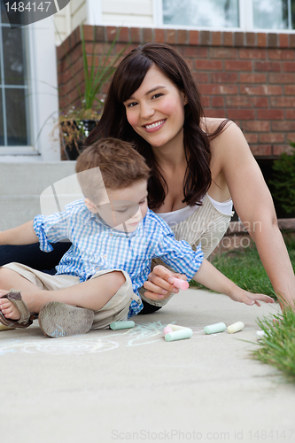 Image of Mother and Son Playing with Sidewalk Chalk
