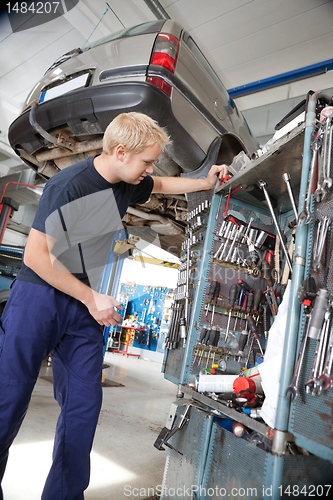 Image of Mechanic looking at repairing tools