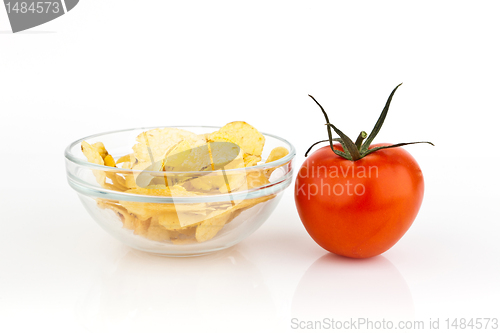 Image of Potato chips with tomato.