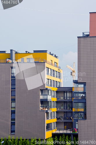 Image of Newly build modern houses. Crane. Construction.