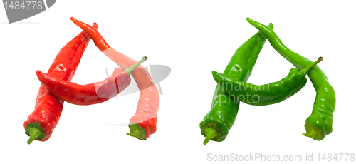 Image of Letter A composed of green and red chili peppers