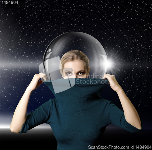 Image of fashion ninja woman in space with glass space-suit