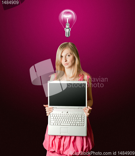 Image of femaile in pink with open laptop